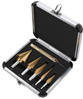 Beefy Six Piece Countersink Step Drill Bit Set With Automatic Center Punch HSS Cobalt Titanium Drill Bits With Hex Shank For Carbon Steel Iron And Steel Plates Aluminum Metal Sheet Wood And Plastic displayed in open case
