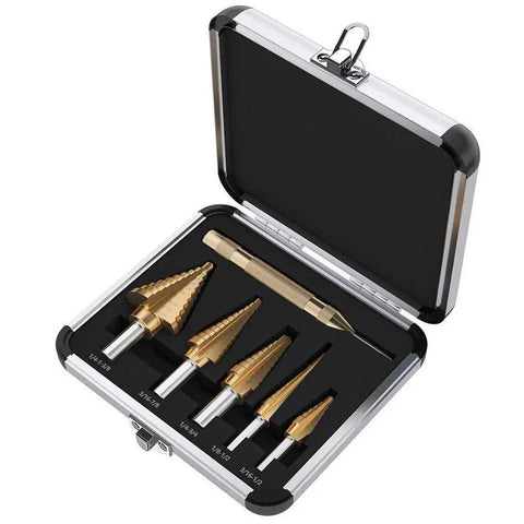 Beefy Six Piece Countersink Step Drill Bit Set With Automatic Center Punch HSS Cobalt Titanium Drill Bits With Hex Shank For Carbon Steel Iron And Steel Plates Aluminum Metal Sheet Wood And Plastic displayed in open case