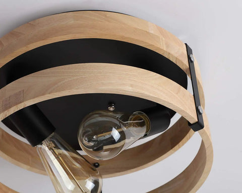 Two Light Modern Farmhouse Flush Mount Ceiling Light With Metal And Wood Round Drum Rustic Ceiling Fixture close-up view