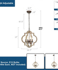 Orb Farmhouse Chandelier 4 Light Handmade Wood Rustic Vintage Pendant for dining room, adjustable chain, 15.7 inch diameter.