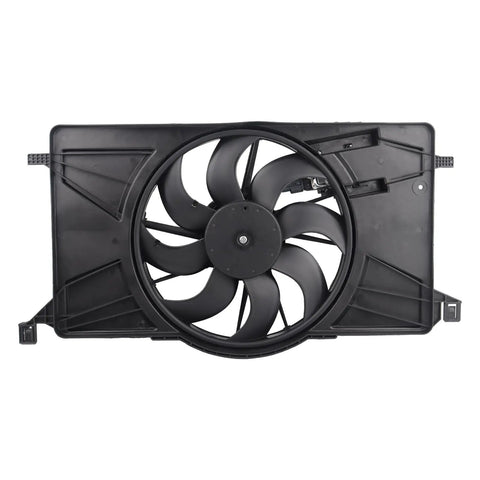 Solid Engine Radiator Cooling Fan Assembly With Integrated Shroud And Smooth Brushless Motor Direct Swap Replacement Fits 2012 Through 2018 Ford Focus BeV 2.0 Liter L4 Engine Oem Matched For Quick Bolt Up Install, showing front view with fan blades.