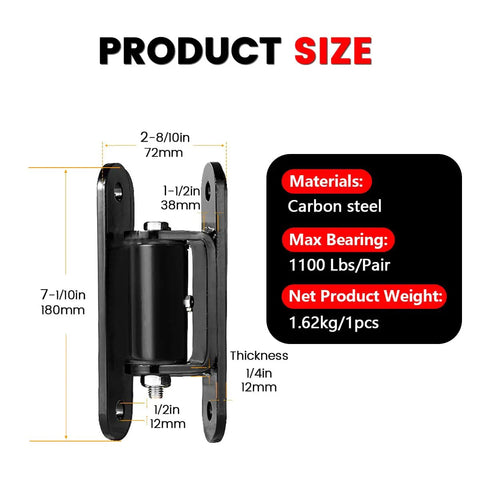 2 Pack Heavy Duty Outdoor Gate Hinges With Sealed Bearings Adjustable Yoke sizes and specifications including carbon steel material.