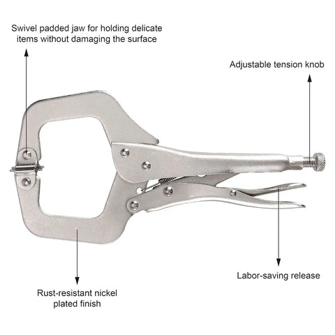 6 Inch C Clamp Locking Pliers With Swivel Pads For Woodworking And Welding, Heavy Duty Adjustable Jaw Clamp Tool For Metalworking And Repair, Nickel Plated Grip For Secure Non Slip Holding, nickel-plated close-up