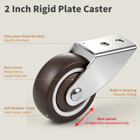 Chegulu 2" Rigid Plate Casters, Silent Rubber Furniture Wheels, Set of 4, showing steel bracket and soft rubber tread.