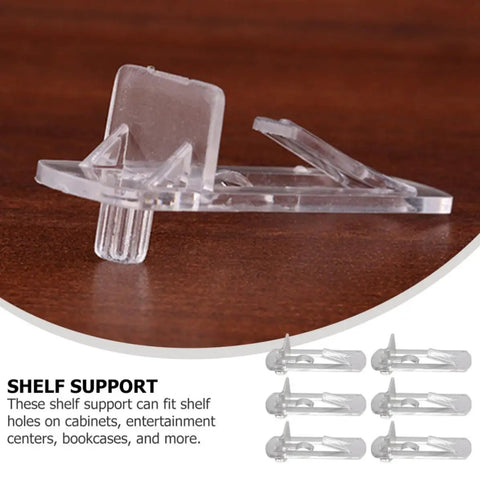Close-up of clear Plastic Shelf Support Pegs And Locking Clips 30 Pack For Wood Shelves Easy Install shown on wood surface