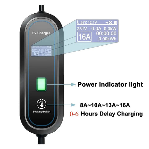 Heavy Duty Portable Ev Charger With Sae J1772 Plug Delivers Sixteen Amp Power For Electric Vehicles control panel with LED screen