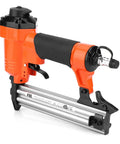 Pro Grade F30 Pneumatic Brad Nailer For 10 To 30 Mm Straight Nails shown from the side with orange body and steel housing.