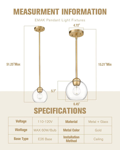 Gold Finish Industrial Pendant Light With Clear Glass Globe Shade, size 6.45 inches, adjustable height for versatile spaces.