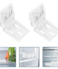 Heavy Duty Foldable Freezer Hinge Replacement Kit For Commercial And Home Freezers Four Piece White Plastic Hinge Set With Easy Install And RV Refrigerator Door Compatibility Smooth Operation And Quick Fix, white plastic freezer hinge set shown installed in refrigerator and freezer doors