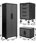 Six Piece Garage Storage Cabinet Set With Lockers And Wood Workbench, Tool Organizer Cabinets, Includes Drawer Cabinet And Tall Cabinet, Fully Welded Steel Frame, Black And Grey, 76.8 Long By 18.5 Wide By 75.79 High