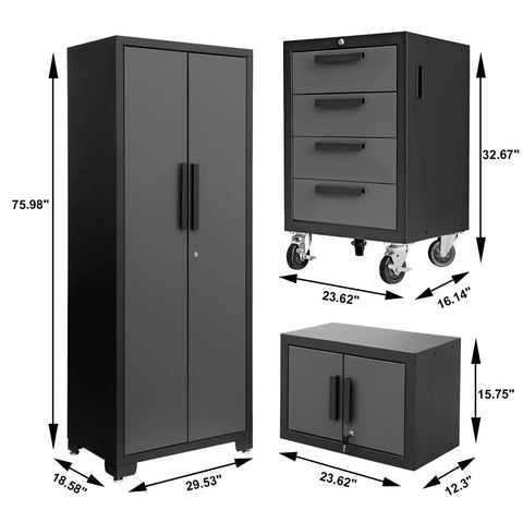 Six Piece Garage Storage Cabinet Set With Lockers And Wood Workbench, Tool Organizer Cabinets, Includes Drawer Cabinet And Tall Cabinet, Fully Welded Steel Frame, Black And Grey, 76.8 Long By 18.5 Wide By 75.79 High