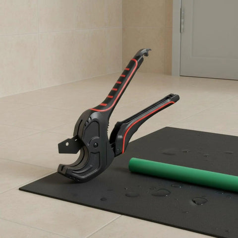 Ratcheting Tube Cutter For PVC Tubing Beastly Heavy Duty Aluminum Pipe Shear with green tube on tile floor