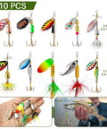 Beefed Up Spinner Baits Set For Freshwater And Saltwater 10 Rooster Tail Lures And Spinning Spoons displayed with fish and hands.