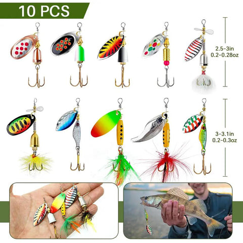 Beefed Up Spinner Baits Set For Freshwater And Saltwater 10 Rooster Tail Lures And Spinning Spoons displayed with fish and hands.