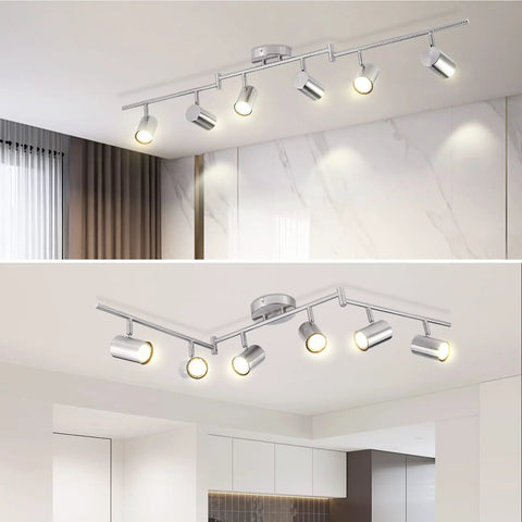 Dope 6 Light Brushed Nickel Ceiling Track Lighting Fixture Kit with adjustable heads in modern kitchen and dining room