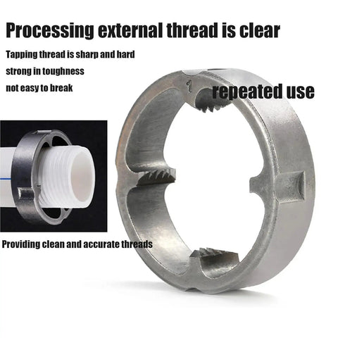 Electric Drill PVC Pipe Threader Kit with external die close-up showing threading on PVC pipe, DIY home plumbing tool