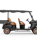 Four Seater Electric Golf Cart With Forty Eight Volt Battery And Full Weatherproof Body Rolls Tight To Sixteen Mph Plus Five Hour Fast Charging side view with orange seats and storage