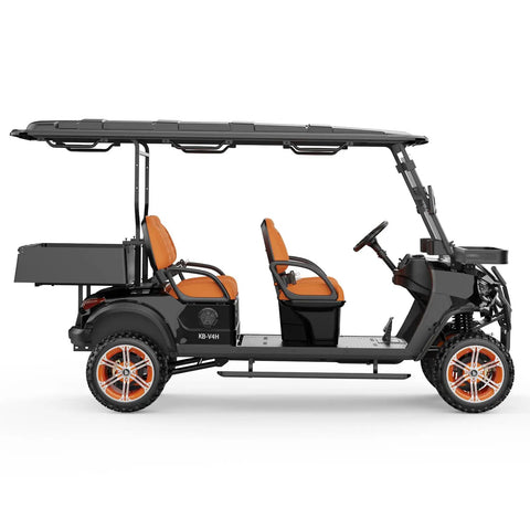 Four Seater Electric Golf Cart With Forty Eight Volt Battery And Full Weatherproof Body Rolls Tight To Sixteen Mph Plus Five Hour Fast Charging side view with orange seats and storage