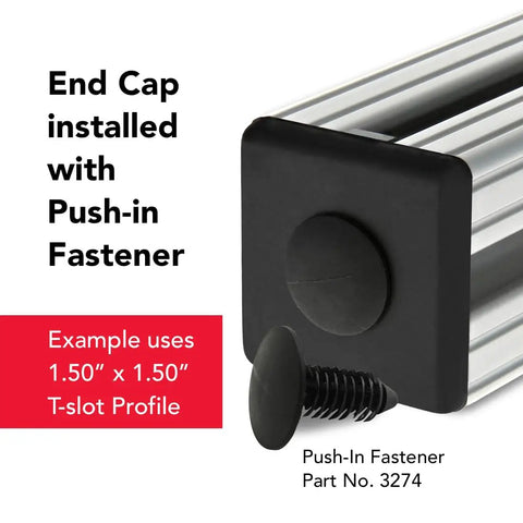 Top Shelf 1.5 X 1.5 Inch Matte Black Plastic Square End Caps For T Slot Aluminum Framing With Quick Snap On Tips installed on T-slot rail.