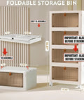 Hella Big 4 Pack Plastic Storage Bins with Tight Lids, 23.5 Quart Stackable Closet Organizers displayed with dimensions and assembly notes.