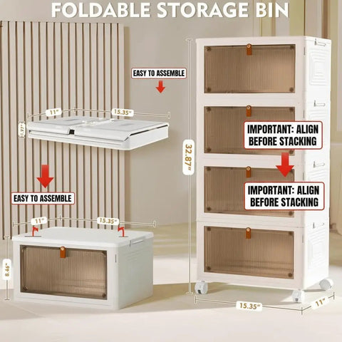 Hella Big 4 Pack Plastic Storage Bins with Tight Lids, 23.5 Quart Stackable Closet Organizers displayed with dimensions and assembly notes.