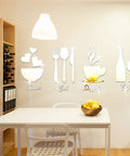 17 Piece Kitchen Wall Decor Acrylic Mirror Wall Stickers Set With Eat Drink Love And Enjoy Utensil Motifs on dining wall