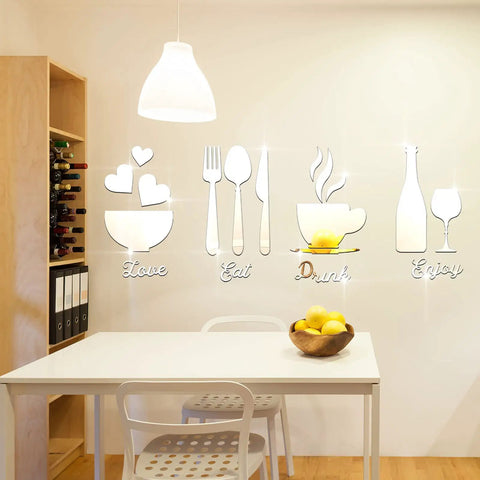 17 Piece Kitchen Wall Decor Acrylic Mirror Wall Stickers Set With Eat Drink Love And Enjoy Utensil Motifs on dining wall