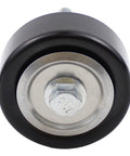 Front view of Belt Tensioner And Serpentine Belt Idler Pulley Direct Fit For GM Vehicles, showing metal and rubber construction.