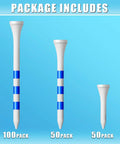 Image of Premium Wood Golf Tees 200 Count With A 3 Line Marking System For Consistent Long Distance Drives And Clean Club Contact One And A Half Inch Tees Built For Pro Level Consistency And Durable Weather Ready Wood showing different pack sizes on blue background.