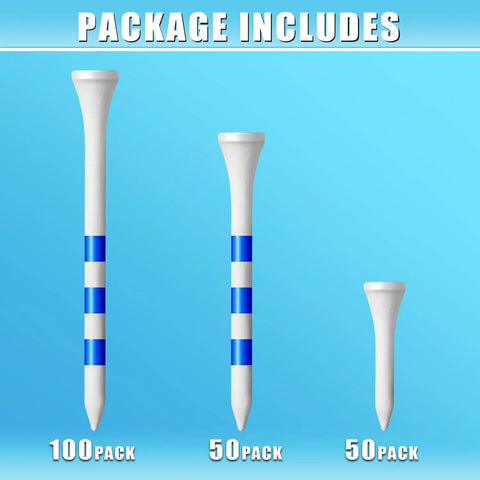 Image of Premium Wood Golf Tees 200 Count With A 3 Line Marking System For Consistent Long Distance Drives And Clean Club Contact One And A Half Inch Tees Built For Pro Level Consistency And Durable Weather Ready Wood showing different pack sizes on blue background.