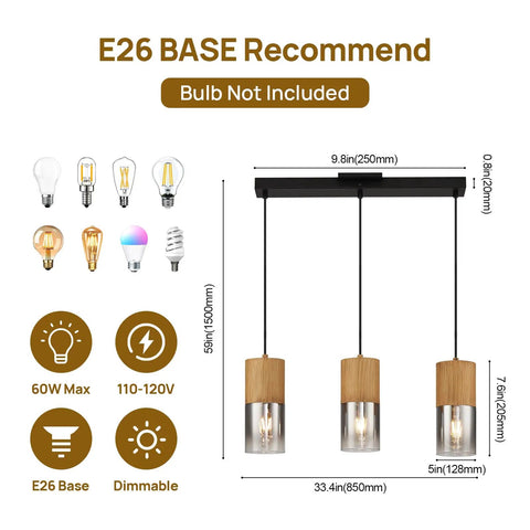 Adjustable Pendant Lamp With Frosted Gold Glass Shade Three E26 Bulbs Farmhouse Chandelier dimensions and bulb compatibility