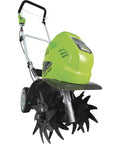 40V Cordless 10 Inch Tiller Cultivator with 4Ah Battery and Charger Included for Breaking Up Hard Compact Soil, side view