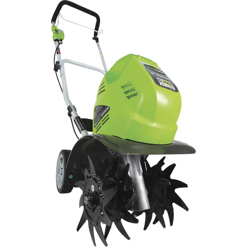 40V Cordless 10 Inch Tiller Cultivator with 4Ah Battery and Charger Included for Breaking Up Hard Compact Soil, side view