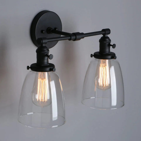 Retro Industrial 2-Light Wall Sconce Set With Dual 5.6 Inch Bell Shaped Clear Glass Lampshades, Black Finish