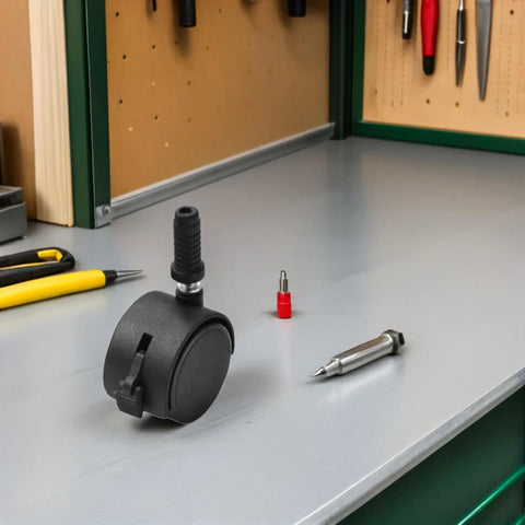 4pcs Inch Swivel Caster Wheels for Furniture and Displays Black placed on a workbench, showcasing sturdy design and brake function.