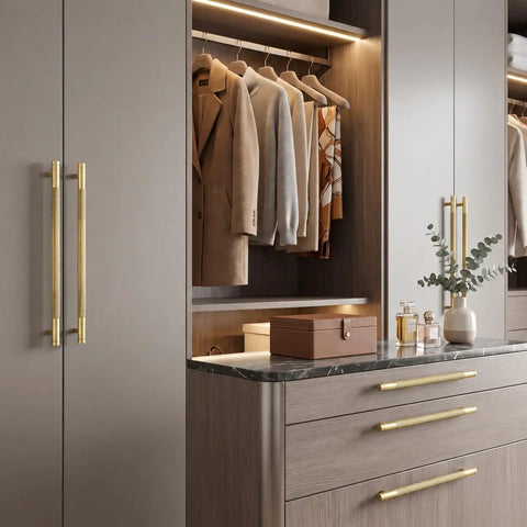 Top Shelf Knurled Cabinet Pulls 10 Pack In Vintage Gold on stylish cabinetry with clothing and modern décor.