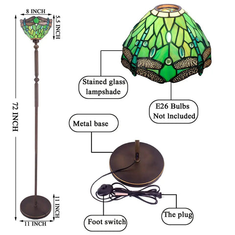 Tiffany Style Floor Lamp With Swivel Arm Stained Glass Dragonfly Green Reading Light 72 Inch Tall Torch Lamp Adjustable Angle