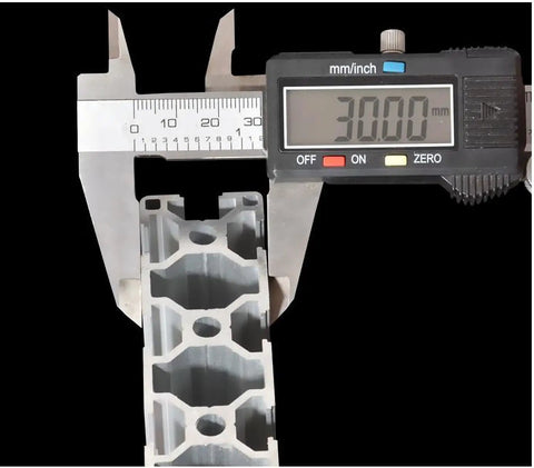 Premium Slick 3090 Aluminum Extrusion Profile 4 Pack 43.31 Inch Anodized Silver Rails measured at 30mm with calipers.