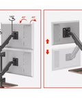 Level Up Your Daily Grind With This Dual Monitor Gas Spring Stand featuring adjustable swivel arms and range illustrations.