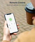 User holding smartphone displaying remote control app for No Sweat Keyless Entry Smart Deadbolt With Fingerprint Scanning App Control.