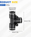 10 Pack 3 Way Push To Connect Pneumatic Fittings Tee For Tube To Tube Connections Black Plastic Durable Quick Lock Air Line Connectors 8mm Tube OD 0.31 Inch visible with measurements