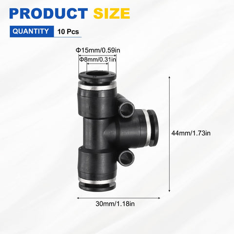10 Pack 3 Way Push To Connect Pneumatic Fittings Tee For Tube To Tube Connections Black Plastic Durable Quick Lock Air Line Connectors 8mm Tube OD 0.31 Inch visible with measurements