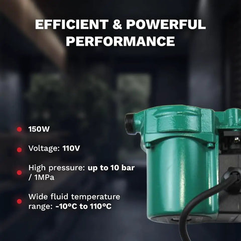 Heavy Duty Cast Iron Water Pressure Booster Pump 110 Volt 150 Watt Recirculator with US Plug showing efficient performance specs.