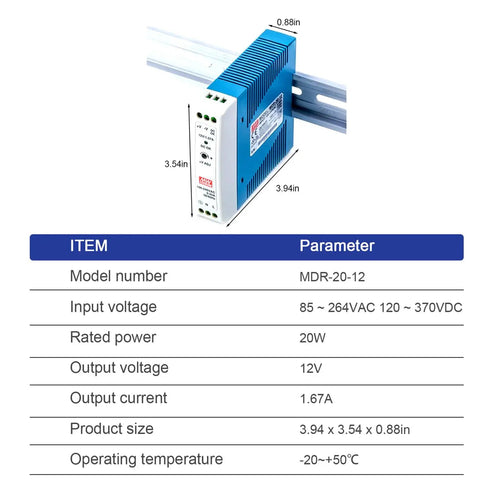 Heavy Duty 12 Volt Din Rail Power Supply 20 Watt Single Output Snap On Mount For Industrial Automation And Control Panels UL Certified mounted on TS-35 rail.