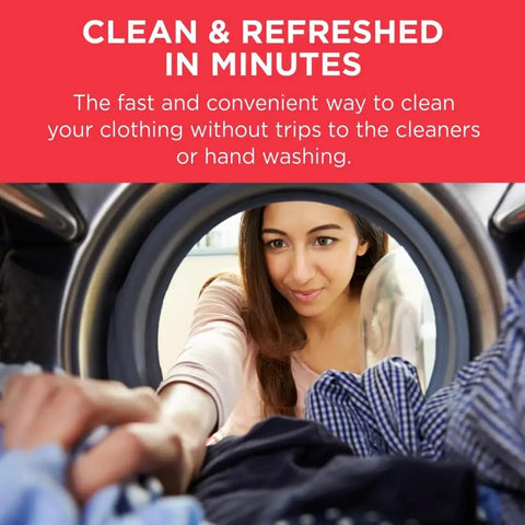 Woman using At-Home Dry Cleaning Kit With Breeze Clean Scent, No Dry Bag Needed, in dryer for easy garment refresh.