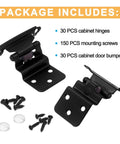 Package includes 30 Pack Inset Kitchen Cabinet Hinges For Face Frame Cabinets, Matte Black, with screws and bumpers.