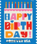 Birthday Forever Stamps 2026 Edition with colorful candles and 'Happy Birthday' text on a blue background.