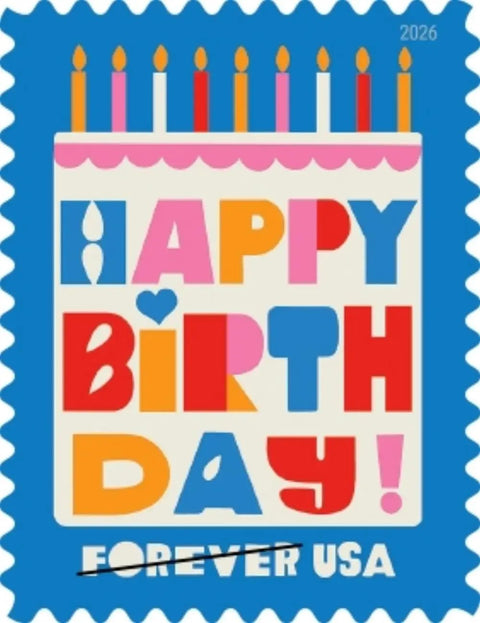Birthday Forever Stamps 2026 Edition with colorful candles and 'Happy Birthday' text on a blue background.