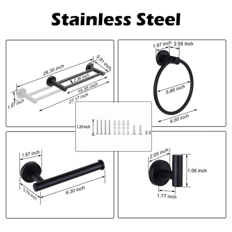 Diagram of Eight Piece Adjustable Matte Black Bathroom Hardware Set With Telescopic Towel Rail From 15 To 27 Inches Includes Double Towel Bar Stainless Steel Toilet Paper Holder Towel Ring And Robe Hook Wall Mounted, displaying dimensions and stainless steel components.