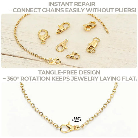 DIY Jewelry Repair Kit For Broken Necklaces And Bracelets With 15 Gold Plated Clasps Including Lobster Clasp Spring Ring Closures And Oval Findings